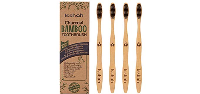 Isshah Bamboo Charcoal Toothbrush - Biodegradable Eco-Friendly Natural Bamboo