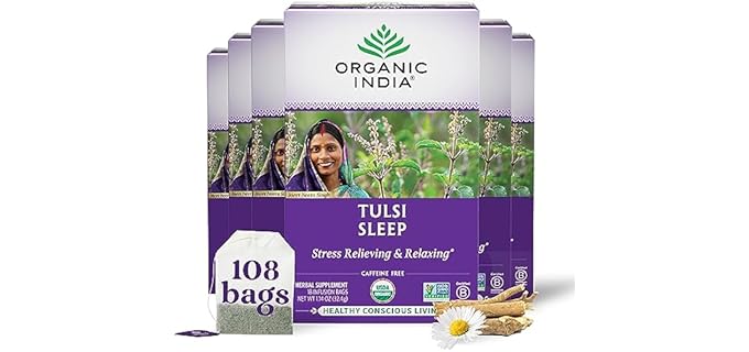 Organic India Stress Relieving & Relaxing - Tulsi Sleep Herbal Tea with Chamomile, Ashwagandha, & Holy Basil