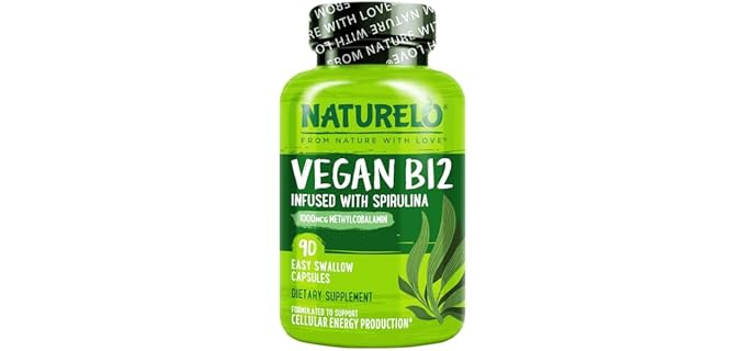 NATURELO Vegan B12 - Methylcobalamin, 90 Capsules | Organic Spirulina, Methyl B12 1000 mcg, Supports Healthy Mood, Energy, Heart & Eye Health, Vitamin B12 1000 mcg