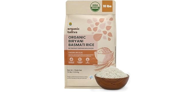 Organic Tattva Long Grain Basmati Rice, 10 lbs, White Rice, USDA Certified | Non GMO, Vegan, Kosher, Free from Additives, Cooks Fluffy, Ideal for Biryani, Stir-Fries, Pilafs, Pudding & Curries